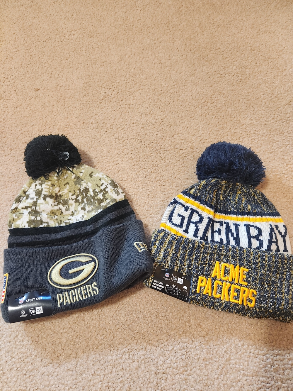 New Era Green Bay Packers Cuffed Pom Pom Beanies in Green, Navy, Yellow